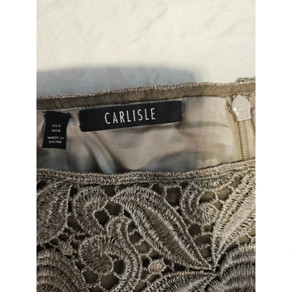 Carlisle Champagne Knit Top Silk Puff Sleeve & Metallic Lace Skirt Set Size L